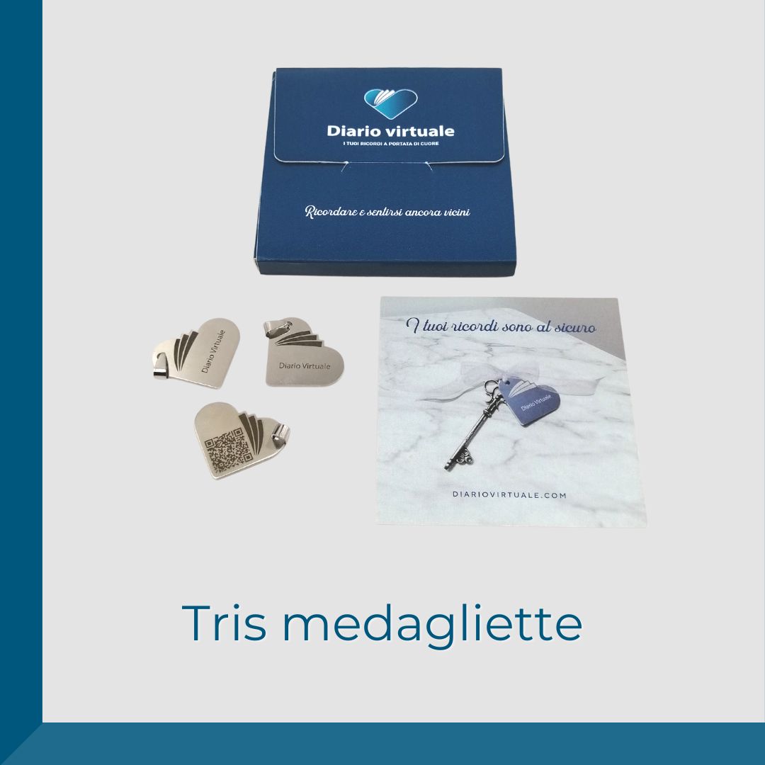 Kit completo di Tris di medagliette in acciaio Diario Virtuale + Piastrina QR Code in fotoceramica (Fiore D’oro)